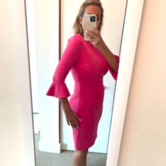 DONNA MORGAN FOR MAGGY Ruffle Crepe Sheath Dress IN STRAWBERRY COLOR - Picture 4 of 6